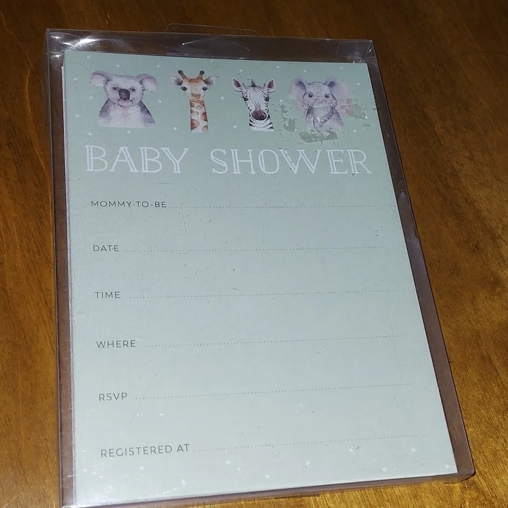 BABY Shower Invitations, Baby Animals 19 Cards & Envelopes Green